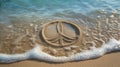 Peace symbol drawn in beach sand, washed by waves Royalty Free Stock Photo
