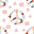 Peace symbol floral retro 70s seamless pattern. Clockwork design in the style of the seventies. Royalty Free Stock Photo