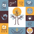 Peace symbols collage, vector illustration. Fine line icons of peaceful protest against war. Colorful stickers with