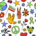 Peace symbols seamless pattern. 60s hippie psychedelic wallpaper, repeat love, freedom and ecological elements, stop war