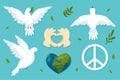 Peace symbols set with pigeon, Earth, arms with love sign, doves different postures with olive brunch Royalty Free Stock Photo