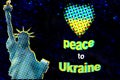 Peace to Ukraine, Statue of Liberty, illustration of symbol of freedom composed of colorful dots against black and blue night sky