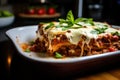 Peace of traditional homemade italian lasagna with bolognese sauce and greens just out of the oven Royalty Free Stock Photo