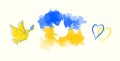 Peace for Ukraine concept sketches in form of stickers, Ukrainian flag colors - blue and yellow with hearts and dove of