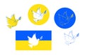 Peace for Ukraine concept sketches in form of stickers, Ukrainian flag with dove of peace silhouette