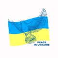 Peace in Ukraine Illustration. Ukrainian flag with hand drawn Dove Bird peace symbol, sign, badge, label tmplate. Pray