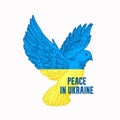 Peace in Ukraine Illustration. Ukrainian flag in a hand drawn Dove Bird peace symbol, sign, badge, label tmplate. Pray