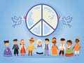 Peace united nations, vector illustration. People of different races, nationalities, countries and cultures holding