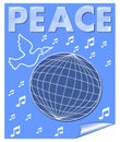 Peace vector banner with dove flying over the globe and music symbols. White drawing on blue background.