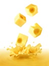 peace of yellow cheese falling in cheese splash with pouring