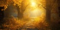 Peaceful alley in autumn park with sunbeams and golden leaves falling from trees. Landscape panorama. Generative AI illustration Royalty Free Stock Photo