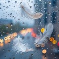 White Feathers and Raindrops on a Window with Blurry Lights Royalty Free Stock Photo