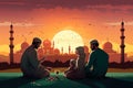 Illustration of the atmosphere of Ramadan nights, with a mosque, families and individuals