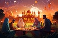 Illustration of the atmosphere of Ramadan nights, with a mosque, families and individuals