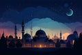 Illustration of the atmosphere of Ramadan nights with a mosque under a starry sky and moon