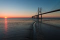 Horizon at Vasco de Gama Bridge in Lisbon during sunrise. Ponte Vasco de Gama, Lisboa, Portugal Royalty Free Stock Photo