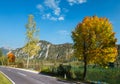 Peaceful autumn Alps mountain lake with clear transparent water and reflections. Almsee lake, Upper Austria