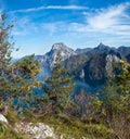 Peaceful autumn Alps mountain Traunsee lake view from Kleiner Sonnstein rock summit, Ebensee, Upper Austria Royalty Free Stock Photo