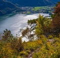 Peaceful autumn Alps mountain Traunsee lake view from Kleiner Sonnstein rock summit, Ebensee, Upper Austria Royalty Free Stock Photo