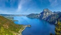 Peaceful autumn Alps mountain Traunsee lake view from Kleiner Sonnstein rock summit, Ebensee, Upper Austria