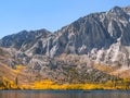 Peaceful autumn scene with a fishing boat on a mountain lake