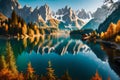 Peaceful autumn scene of Vorderer ( Gosausee ) lake with Dachstein glacieron background