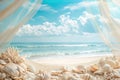 A peaceful beach scene featuring seashells scattered along the shore and billowing curtains framing the view, A beach themed Royalty Free Stock Photo