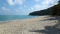 Peaceful beach in Thailand,blue sky, blue water , white sand and green mountain