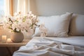 A peaceful bed oasis, white pillows and flowers harmonize effortlessly Royalty Free Stock Photo