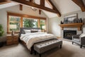 peaceful bedroom in craftsman house showcasing exposed beams
