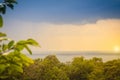 Peaceful blue lake with green grass and blue sky background. Beautiful blue sky and clouds over the reservoir. Rafting activity i Royalty Free Stock Photo