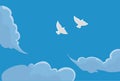 Peaceful blue sky with some clouds and white doves, Vector illustration