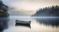 Peaceful boat and lake in misty environment