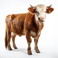 A peaceful bovine stands tall against a serene white backdrop, captivating onlookers with its gentle snout