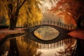 a peaceful bridge over a river with fall foliage