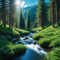 peaceful brook from spring winds its way through dense spruce forest and a Royalty Free Stock Photo