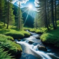 peaceful brook from spring winds its way through dense spruce forest and a Royalty Free Stock Photo