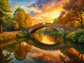 Peaceful Brownstone Bridge Reflecting in Forest Park Waters A Serene Urban Oasis