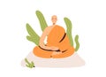 Peaceful Buddhist monk in robe meditating in lotus posture with closed eyes. Meditation and yoga practicing. Zen and