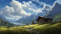 Peaceful Cabin In The Mountain Landscape Painting