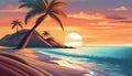 Peaceful calm beach landscape with palm trees on the island, illustration of orange sunset over the sea. Royalty Free Stock Photo