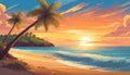 Peaceful calm beach landscape with palm trees on the island, illustration of orange sunset over the sea. Royalty Free Stock Photo