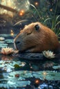 Peaceful Capybara Resting by Waterlilies in Enchanted Forest with Glowing Fireflies
