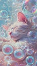 A peaceful cat enveloped by reflective soap bubbles radiating tranquility. Cute animals concept