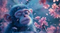 Serene Baby Monkey Amidst Blossoming Flowers Captures Peaceful Beauty in Dreamlike Nature Fantasy Setting Royalty Free Stock Photo
