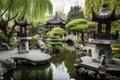 peaceful china pagoda garden with stone lanterns, bonsai trees and koi fish