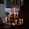 peaceful christmas scene with burning candles in catholic church in Bavaria, Germany Royalty Free Stock Photo