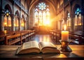 Peaceful Church Setting with Book and Candle Rule of Thirds Composition for Faith and Reflection Royalty Free Stock Photo