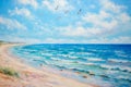 Peaceful coastal scene with a sandy beach, clear blue waters, and seagulls soaring above