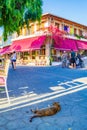 Idyllic view coastal street Vasiliki port Ionian Sea Lefkada island Greece